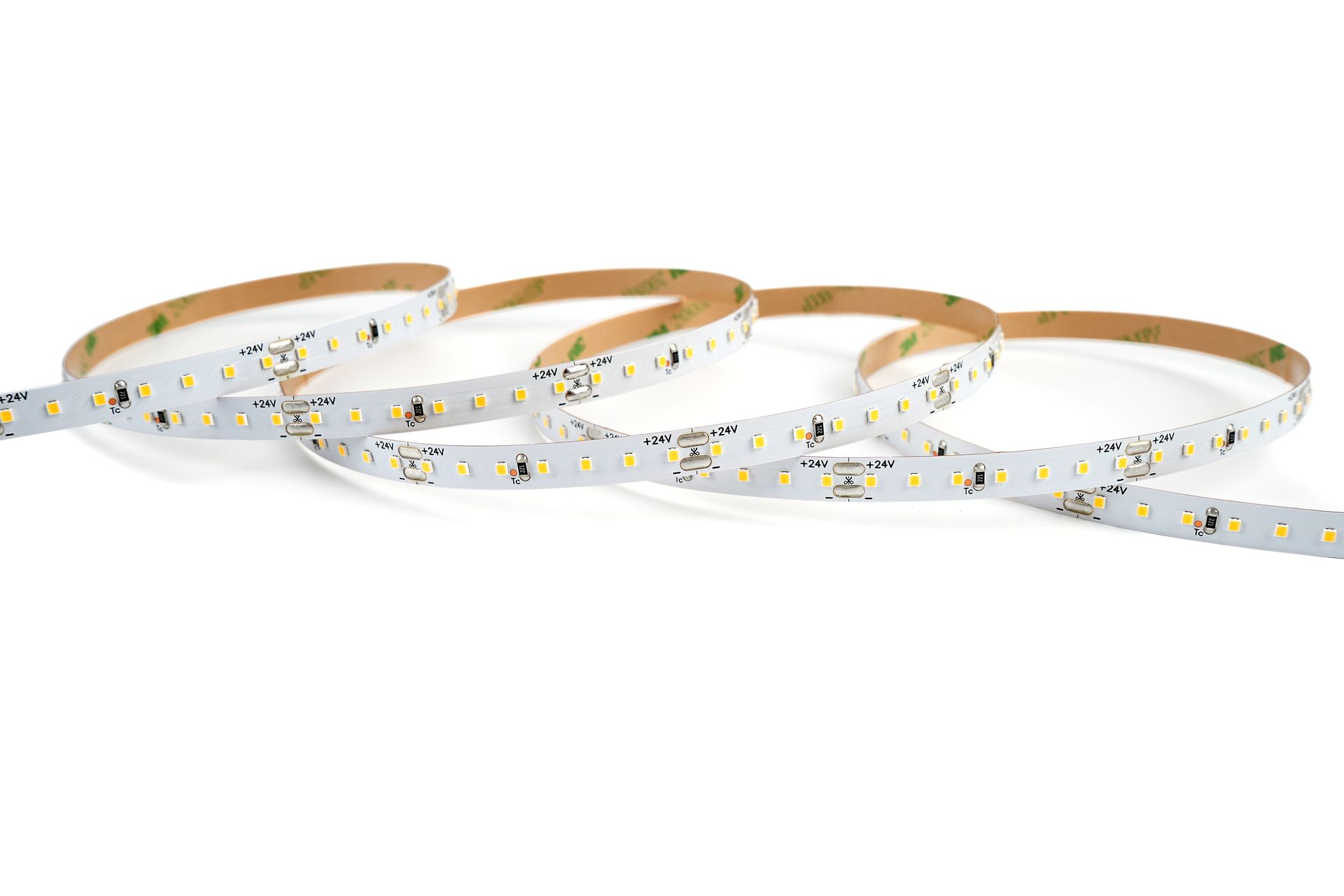 LED light strip, coiled. White flexible tape with small lights, adhesive backing.