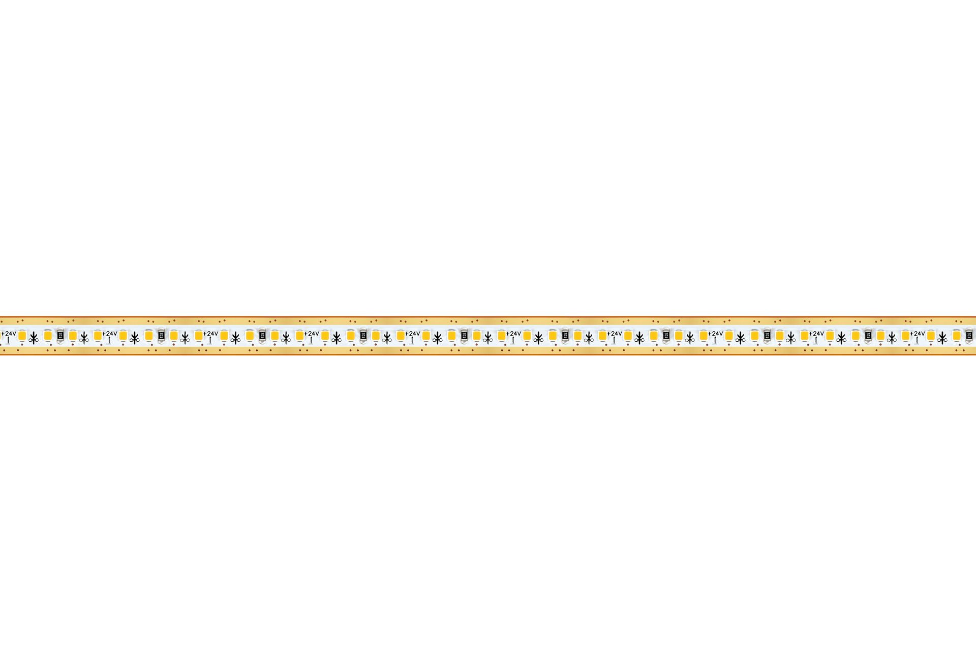 Flexible LED light strip on a white background, coiled with adhesive backing.