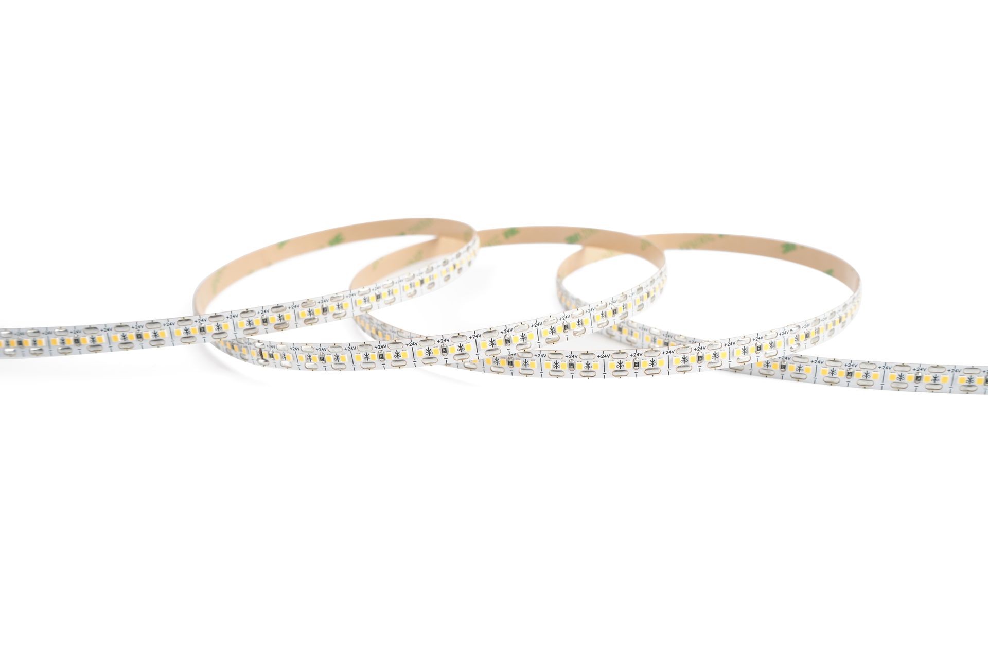 LED light strip coiled against a white background; LEDs are white.