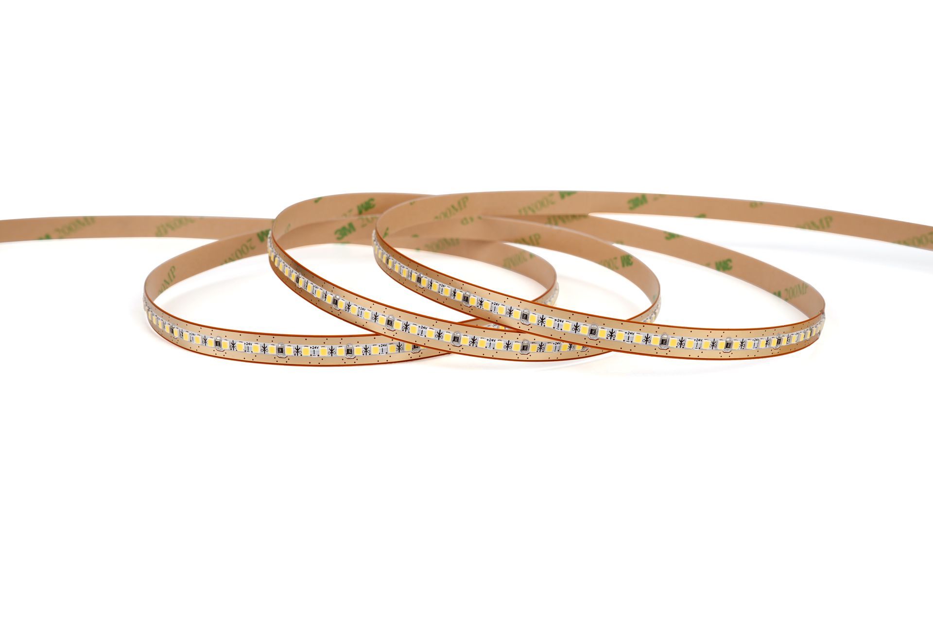 LED light strip coiled, with visible adhesive backing, against a white background.