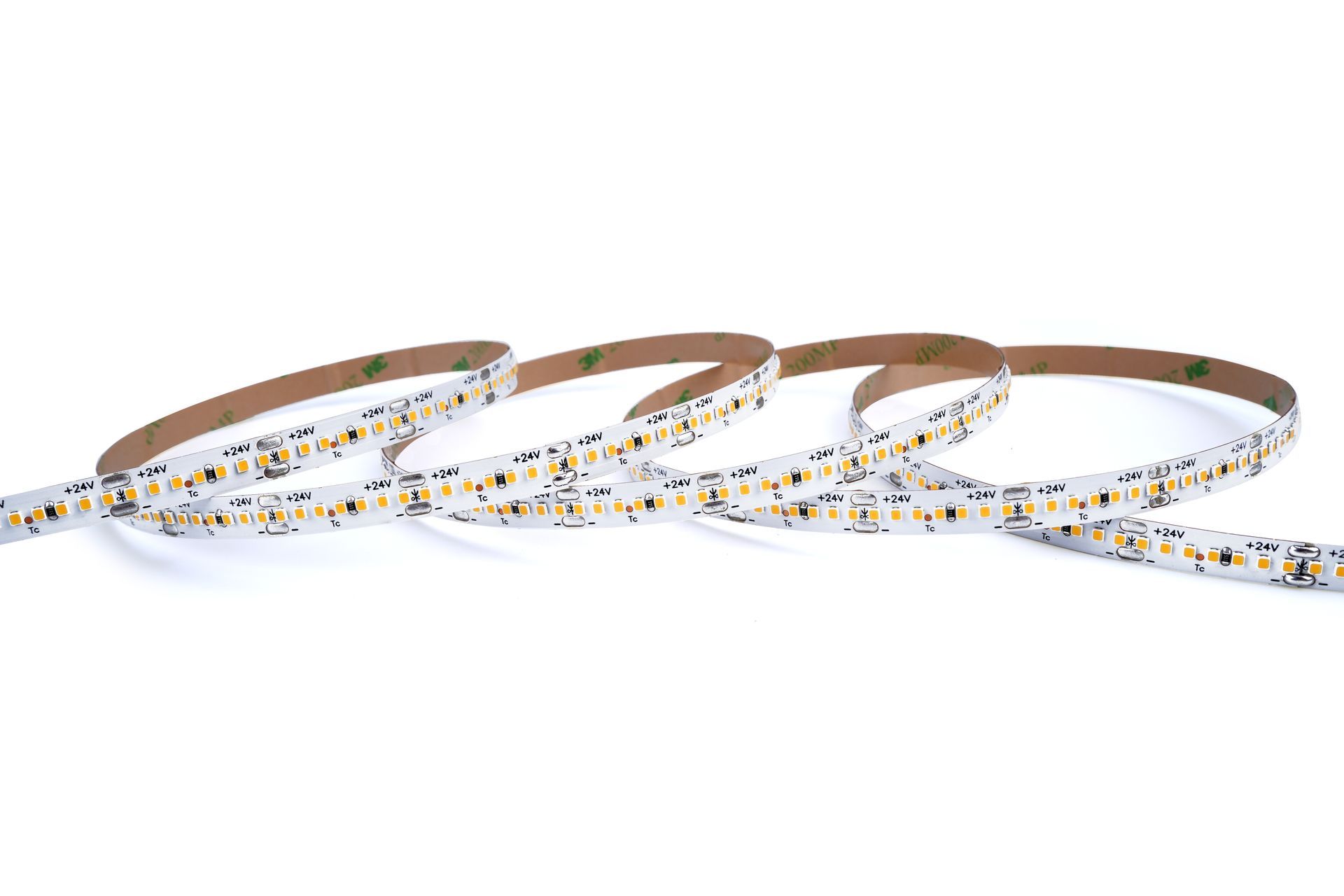LED light strip on a white background, coiled with adhesive backing visible.