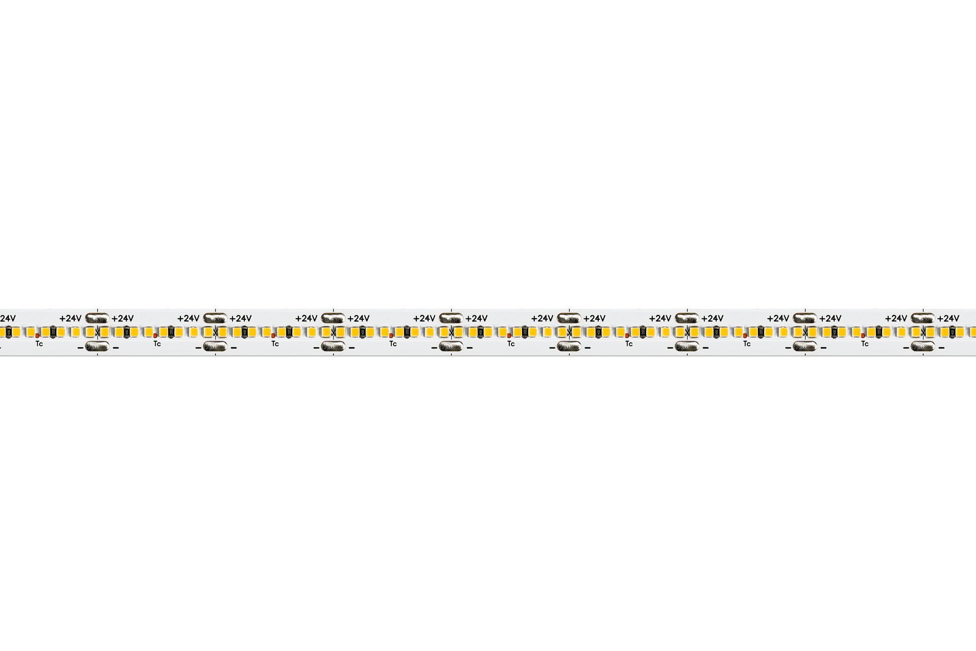 Flexible LED light strip, white and yellow, with adhesive backing, rolled up.