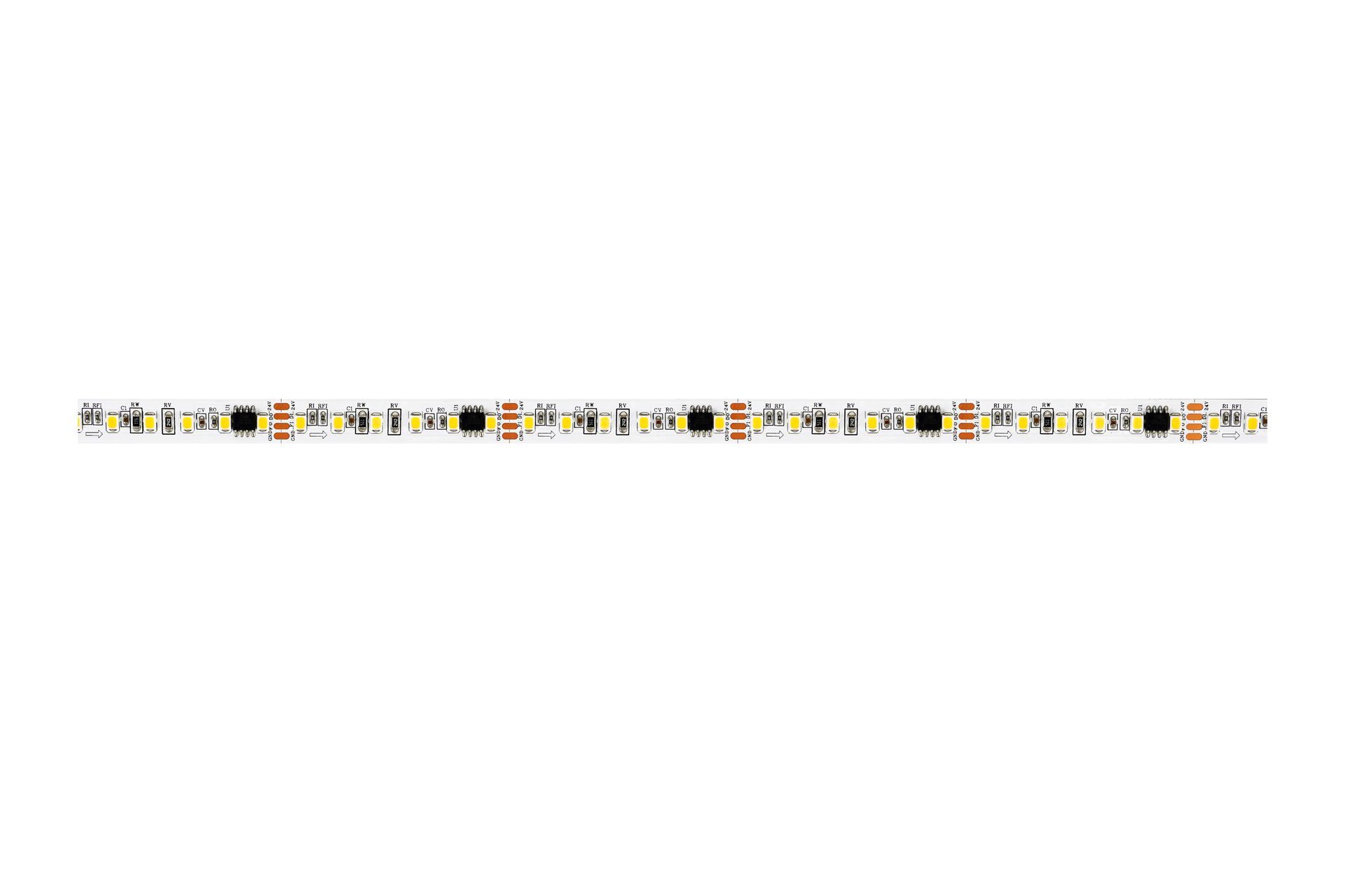 LED light strip, coiled, with connectors and adhesive backing. White background.