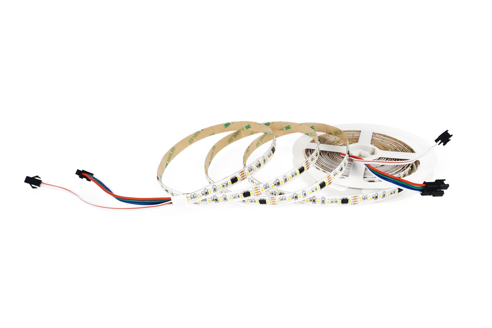 LED light strip, coiled, with connectors and adhesive backing. White background.
