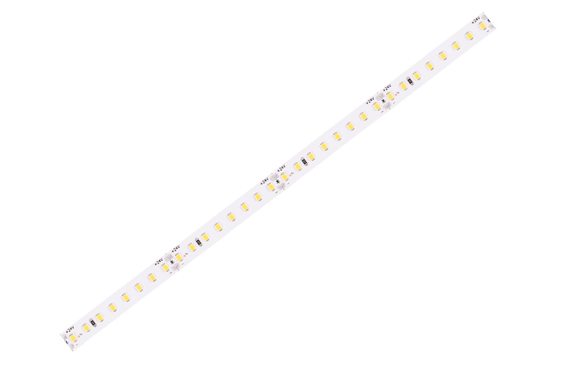 LED strip light coiled on white background, showing lights and adhesive backing.