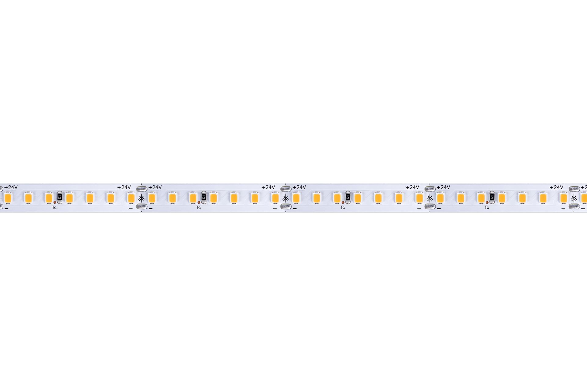 LED light strip coiled, white with small yellow lights, on a white background.