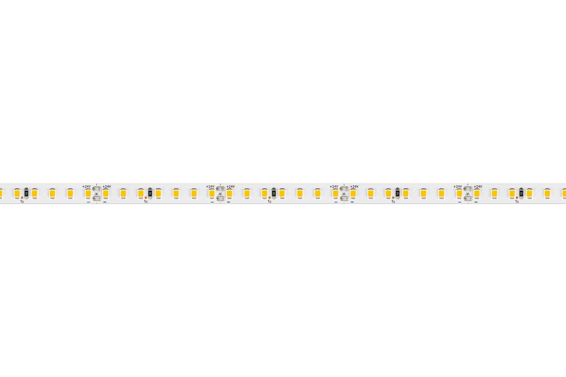 LED light strip coiled on a white surface, showing individual lights.