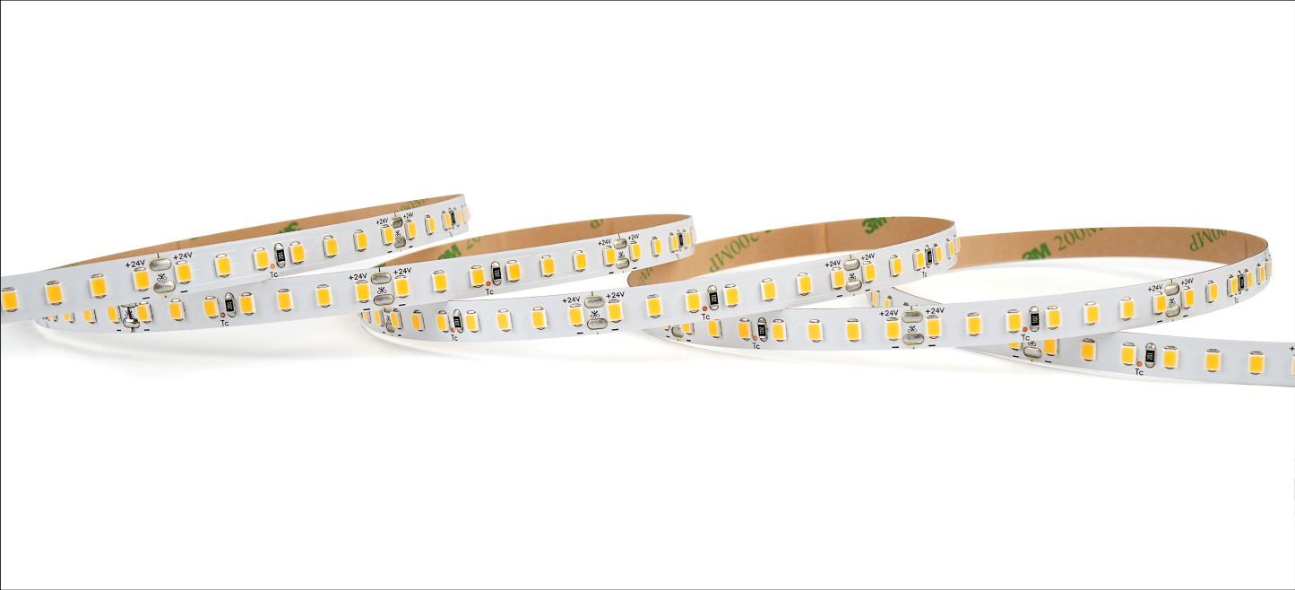 LED light strip coiled on a white surface, showing individual lights.
