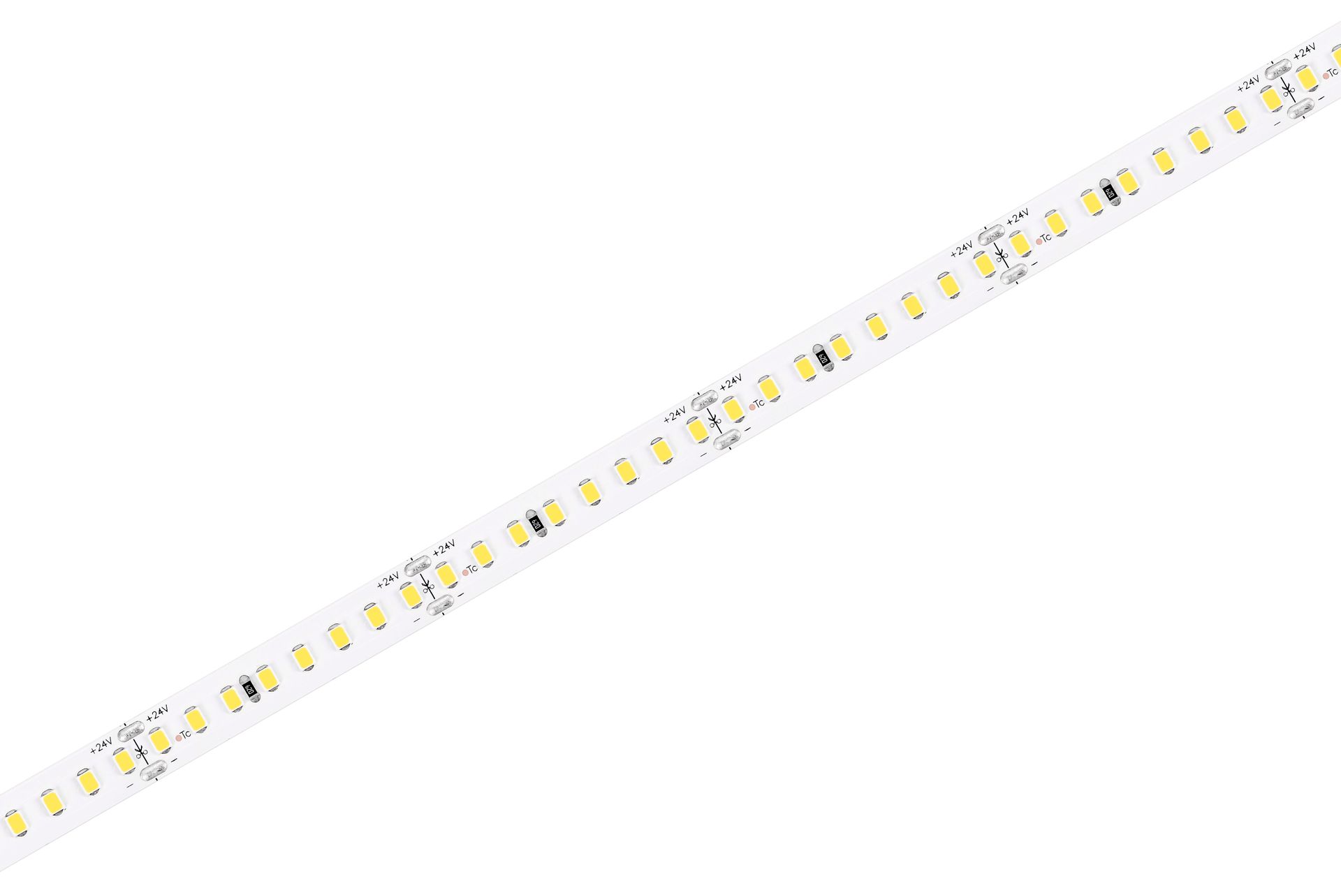 LED strip lights, coiled on a white background, showing the adhesive backing.
