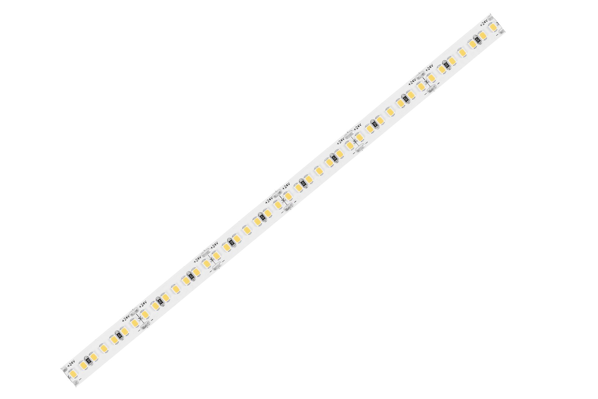 LED light strip coiled, revealing white LEDs and adhesive backing.