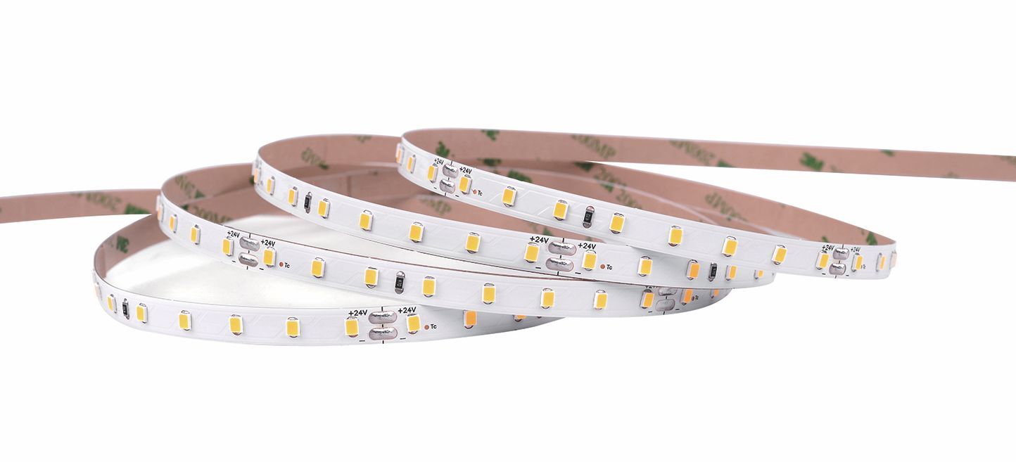 LED strip lights rolled up on a white background with adhesive backing.