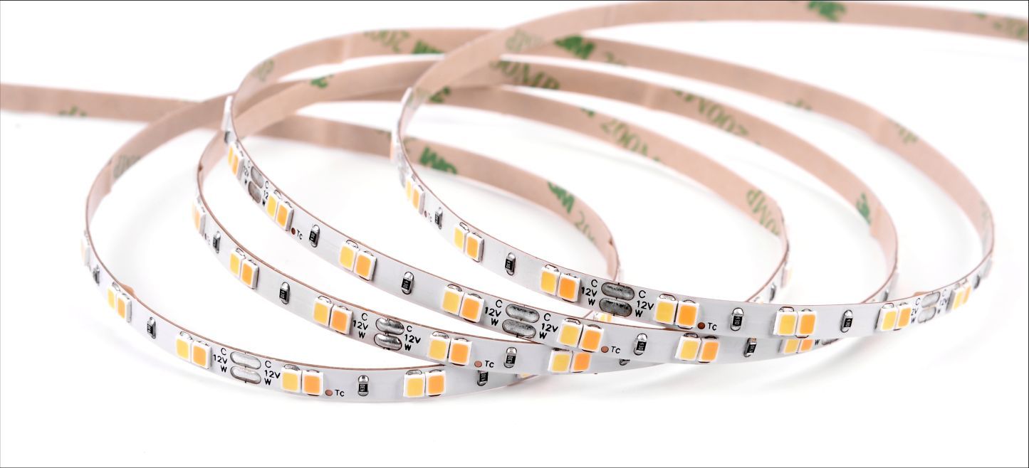 LED light strip coiled against a white background. The LEDs are yellow.