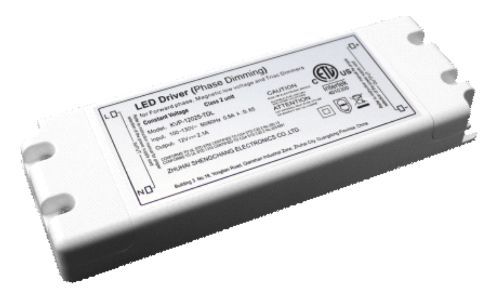 White LED driver labeled with specifications and safety certifications.