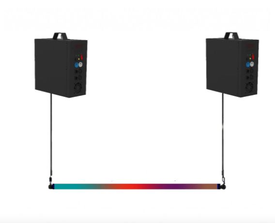 Two black boxes connected by a color-changing light bar.