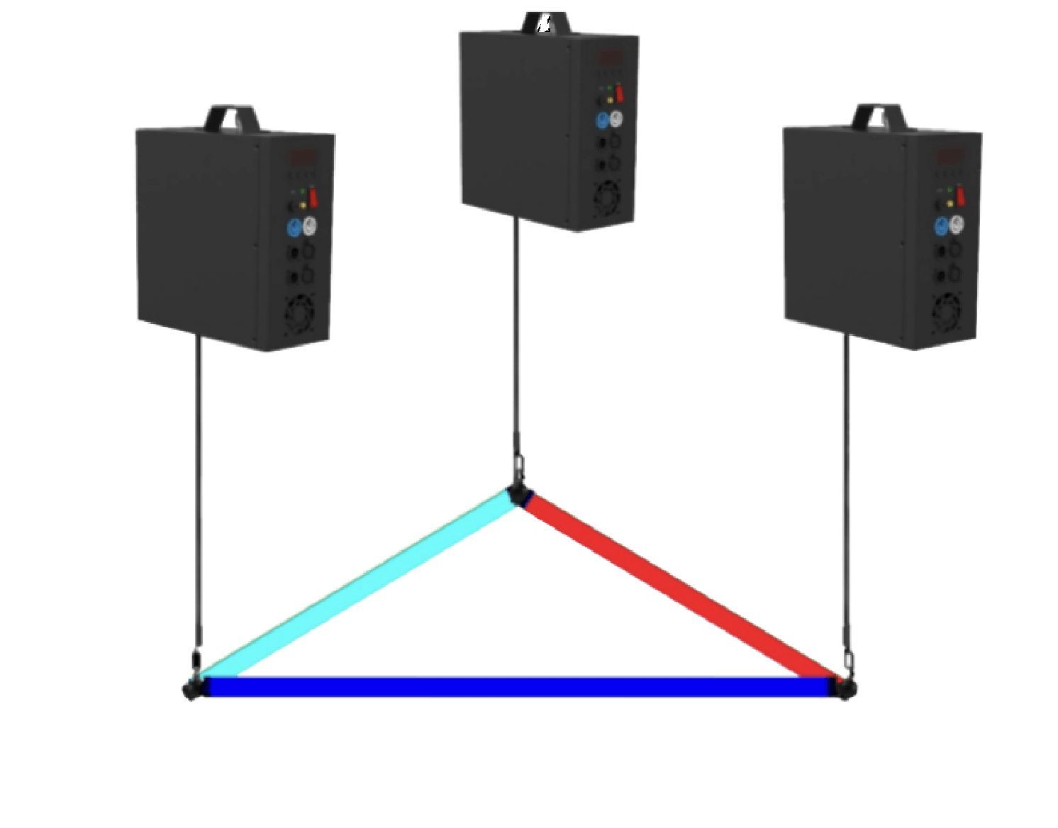 Three black DJ fog machines suspended above a triangle of colorful lights.