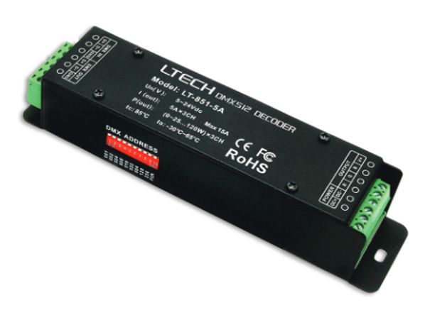 Black DMX512 decoder with green terminals and address selection switches.