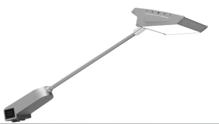 Gray LED exhibit light with a rectangular head and adjustable arm.