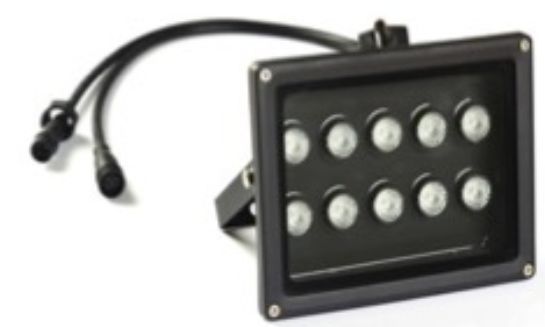 Black LED floodlight with 12 lights, mounted on a bracket, and two power cable connectors.