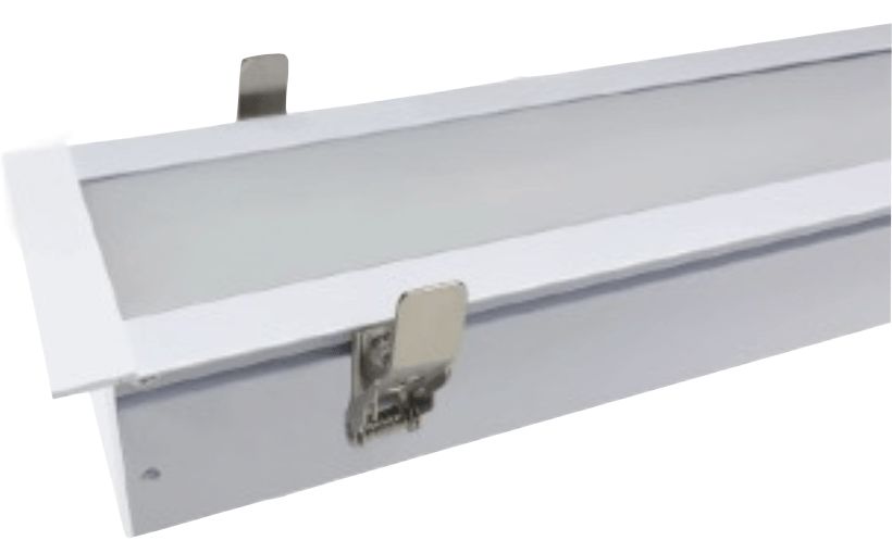 White LED light fixture with two metal mounting clips.