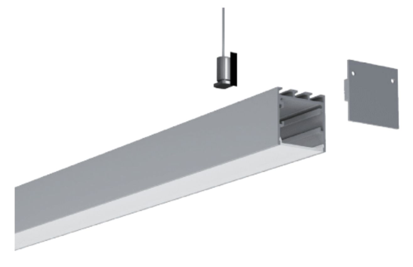 Silver LED light fixture with mounting hardware: cable and wall plate.