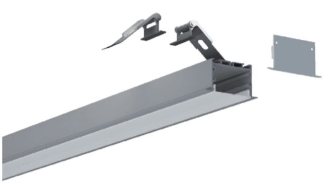 Aluminum lighting channel with mounting brackets and end cap.
