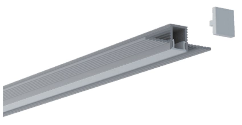 Silver LED strip light with a removable end cap.