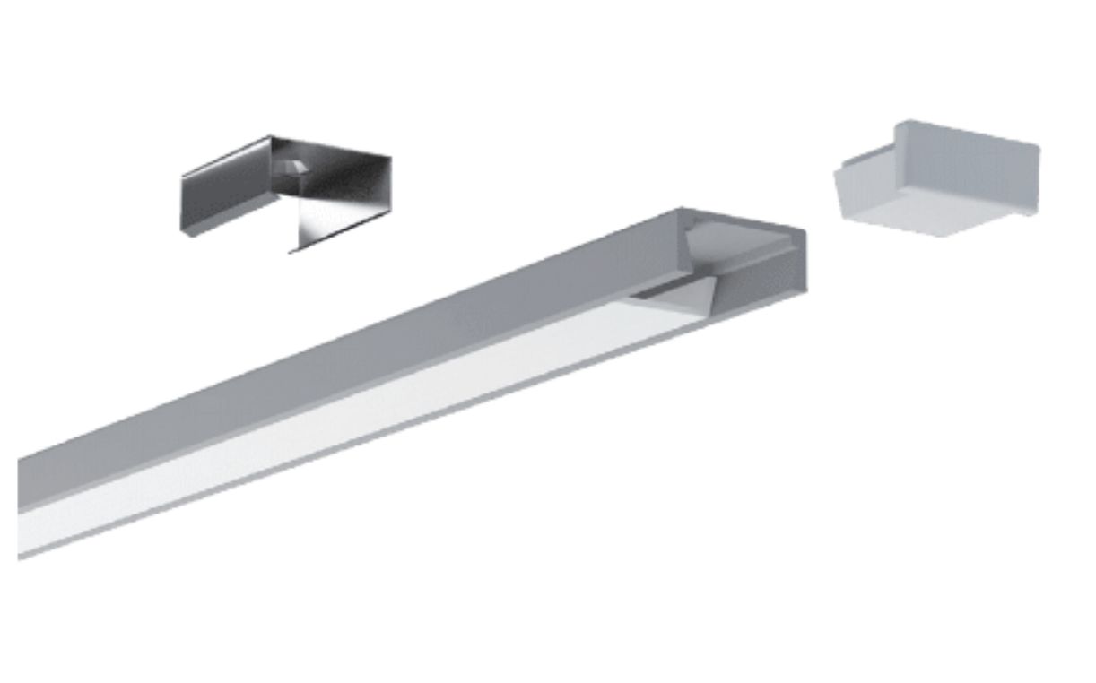 Silver LED light strip with mounting brackets and end cap.