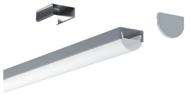 A modern LED light fixture with mounting hardware, on a white background.