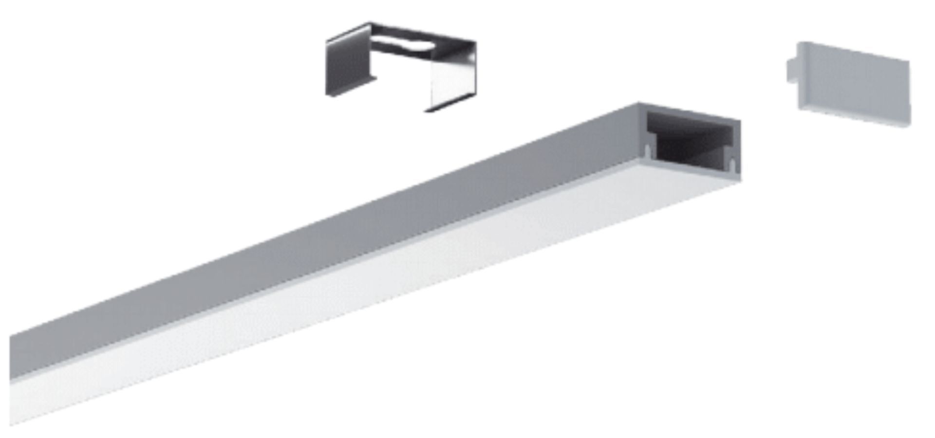 Aluminum LED light fixture with mounting bracket and end cap.