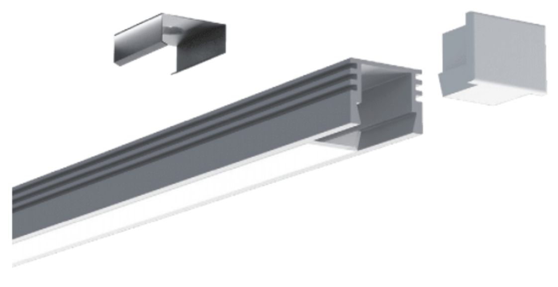 A silver LED light channel, with a corner connector and end cap, for mounting.