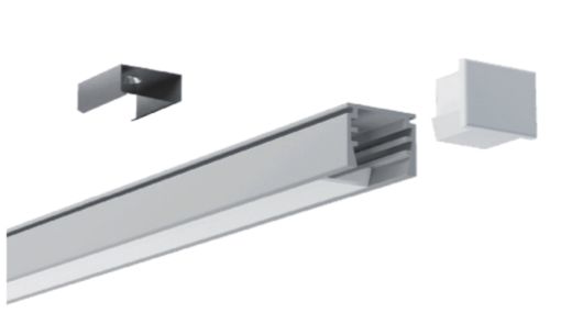 Silver LED light fixture components: channel, end cap, and mounting bracket.