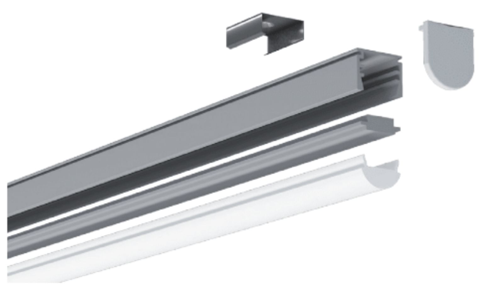 Exploded view of a gray metal gutter system with a clip, mounting track, and end cap on a white background.