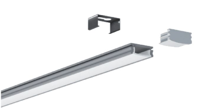 Aluminum LED strip light channel with mounting bracket and end cap.