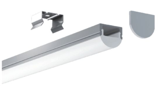 Silver LED light fixture with mounting clip and end cap.
