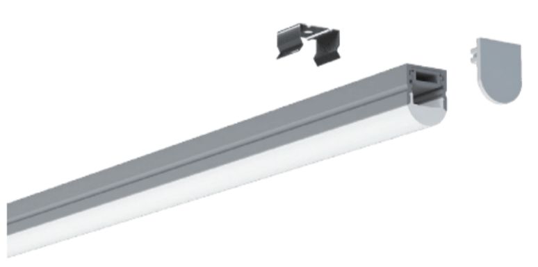 Linear LED light fixture with mounting clip and end cap.