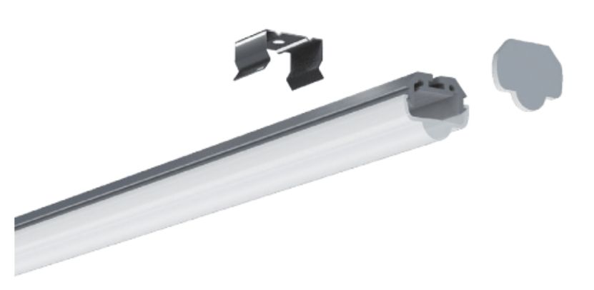 Exploded view of a linear LED light fixture with mounting clip and end cap.