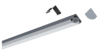 A silver linear light fixture with detached mounting components.