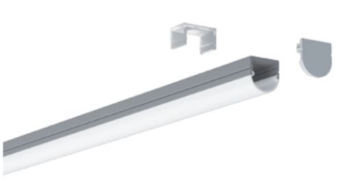 Linear LED light fixture with mounting clip and end cap. Gray and white.