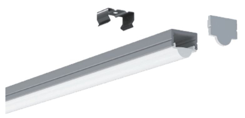 A long gray LED light fixture with a clip and end cap, all on a white background.
