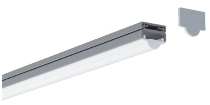 A linear LED light fixture with a detachable endcap, angled against a white background.