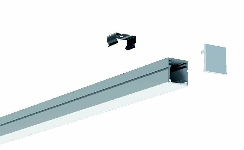 Gray LED light fixture components: track, end cap, and mounting clip.