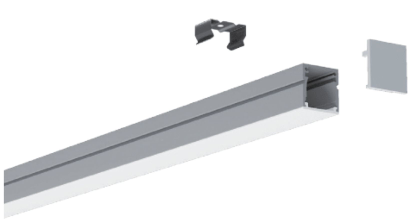 Silver LED light fixture components: channel, end cap, and clip.