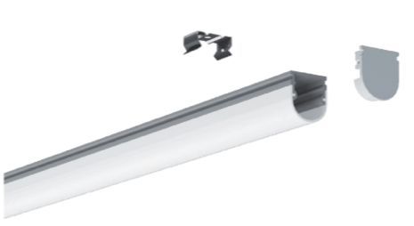 White LED light strip with mounting clip and end cap.