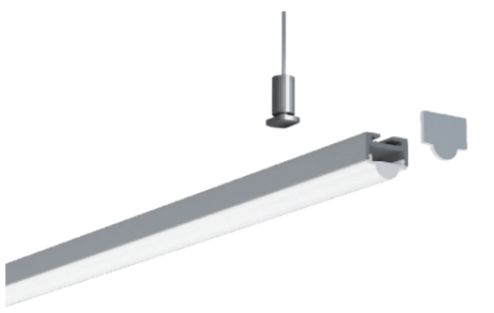 Silver linear LED light fixture with hanging cable and end cap.