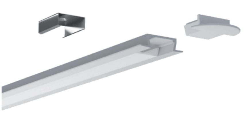 Close-up of a silver linear LED light fixture with mounting hardware.
