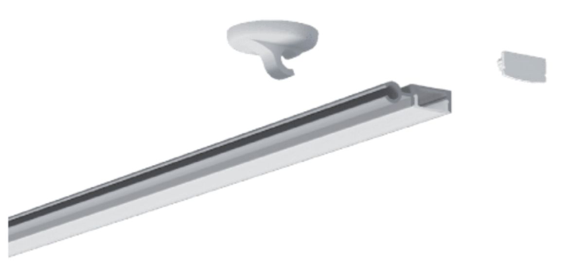 White track lighting components, including a rail, mount, and end cap.