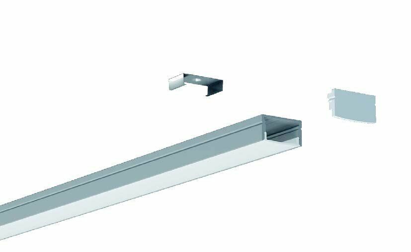 Silver LED light strip with mounting bracket and end cap, likely for installation.