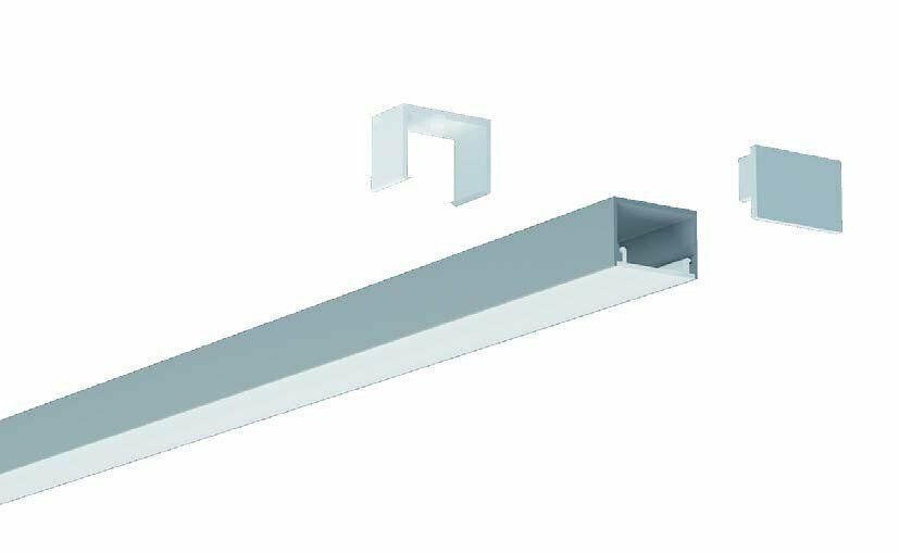 Silver LED strip light extrusion with mounting clips and end cap.