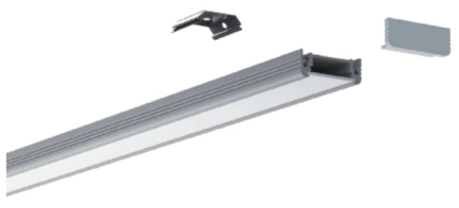 Exploded view of a silver LED light fixture with mounting bracket and end cap.