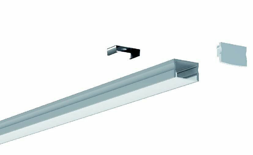 Silver LED light fixture with mounting hardware and end cap.